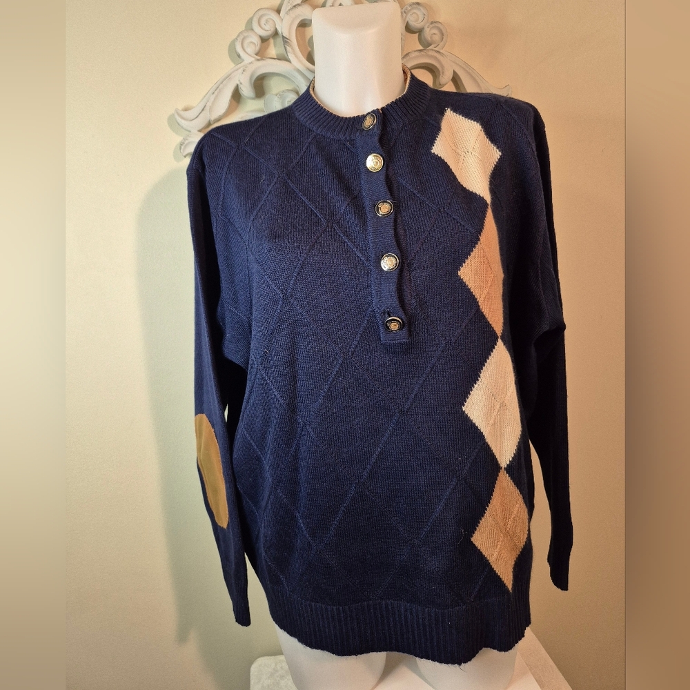 Beautiful Vintage Elbow Patch Sweater. Navy Geometric Design Gold Buttons Wool